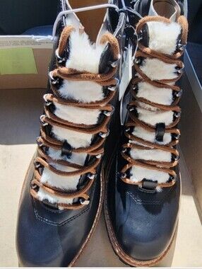 a new day Black Faux-Leather Fur-Trim Lace-Up Winter Boots with Brown Laces